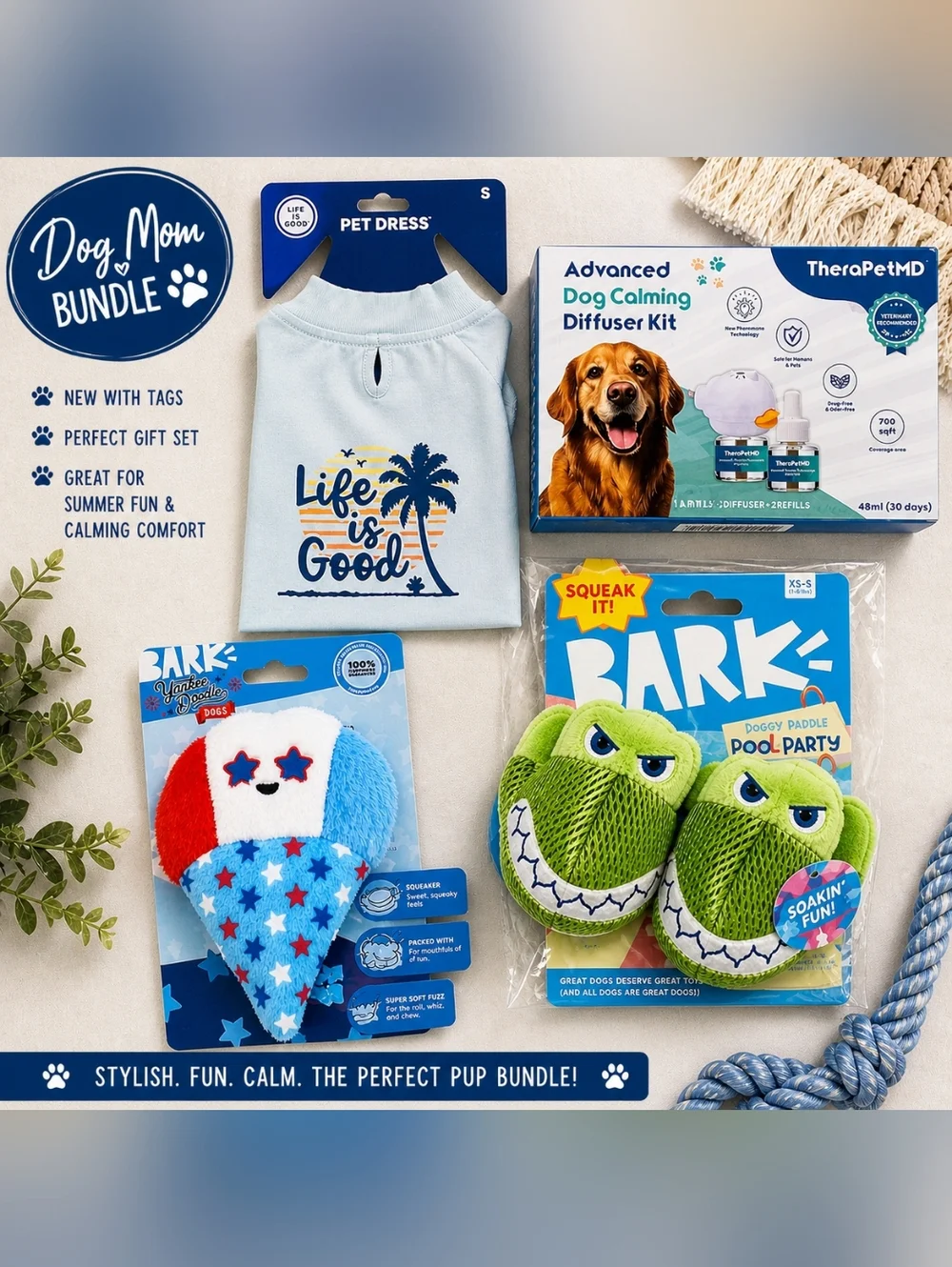 Dog Mom Bundle Life Is Good Pet Dress Small + Bark Toys + TherPetMD Calming Kit